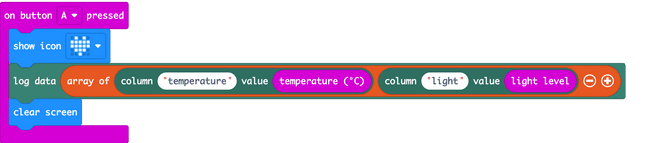 MakeCode blocks for logging data when button A is pressed