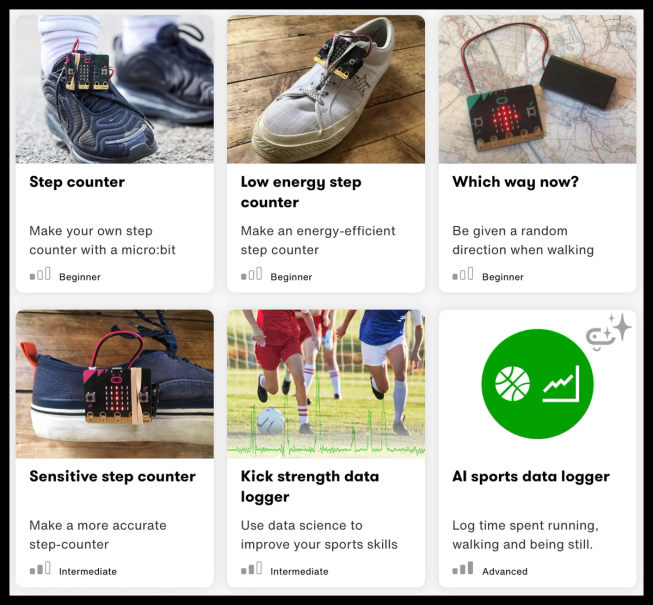 Collection of BBC micro:bit project cards featuring step counters, a kick strength data logger and an AI sports data logger. The projects use physical computing, data collection and data science to explore movement, sport and activity.