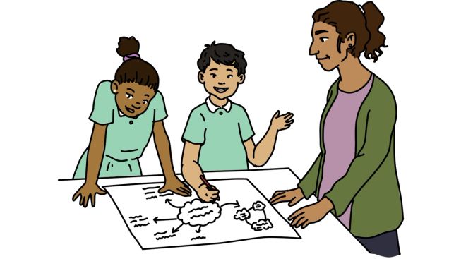 Two children stand at a desk, drawing their ideas on a large piece of paper. A teacher oversees their work proudly.