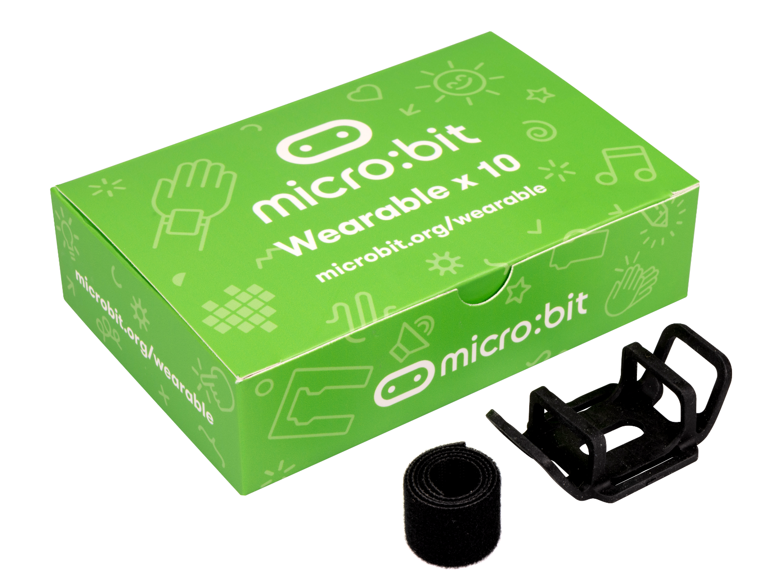 Image of the micro:bit wearable x 10 box with an example of one flexible holder and strap beside the box