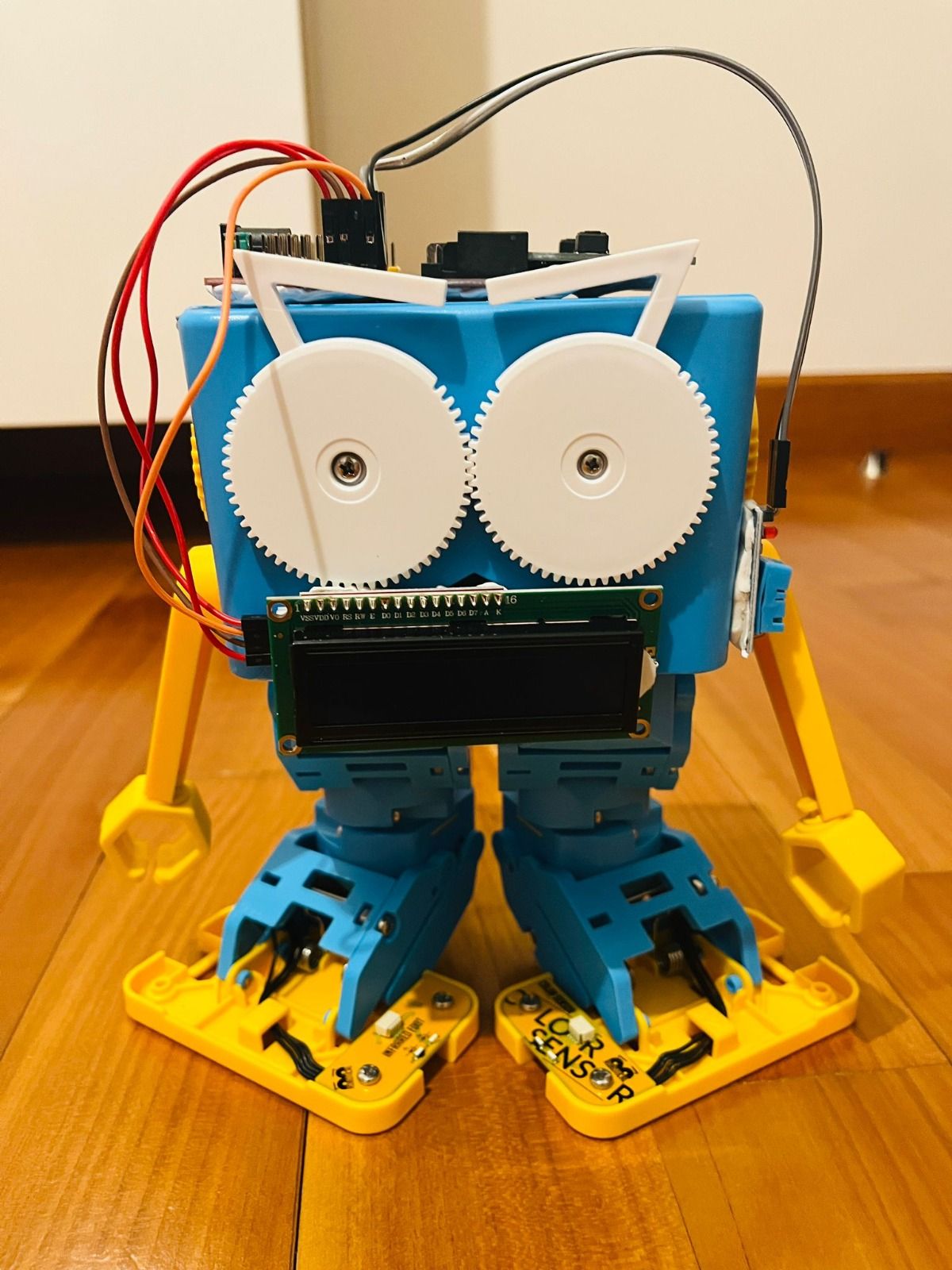 A close up image of the M&M robot prototype.