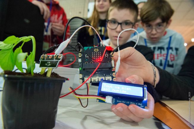 A close up of a soil moisture detecting project, using a micro:bit