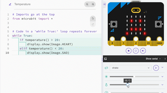 Gif showing some example code being tested in the Python Editor Simulator