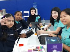Students working together at a table working on the Fruity Beats project.
