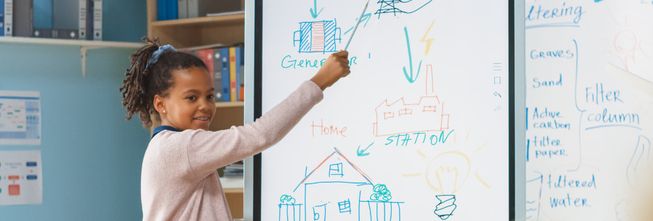 child in class teaching other students about energy