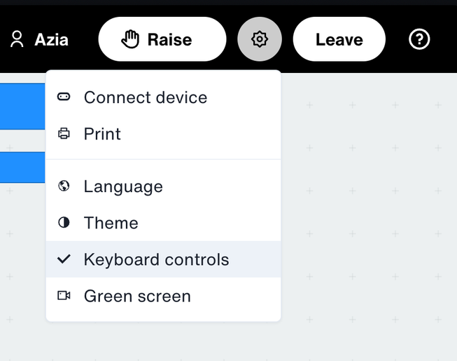 Screenshot of micro:bit classroom showing the settings menu (the cog icon) as the second of four buttons on the right of the header. The menu is open and the “Keyboard controls” menu item is selected.