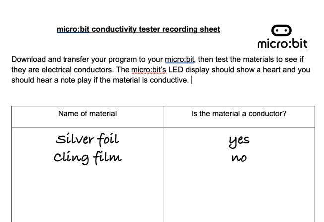 Conductivity tester recording sheet 