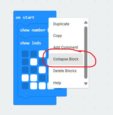 A block's context menu shows option option "Collapse block"