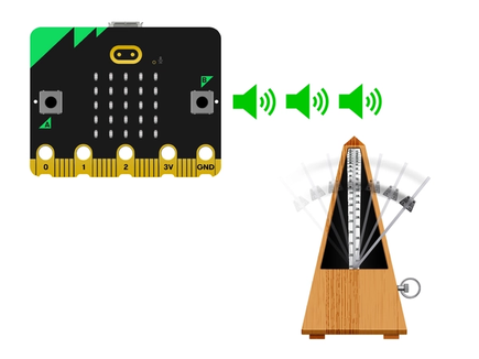 a micro:bit outputting sound next to a metronome in motion