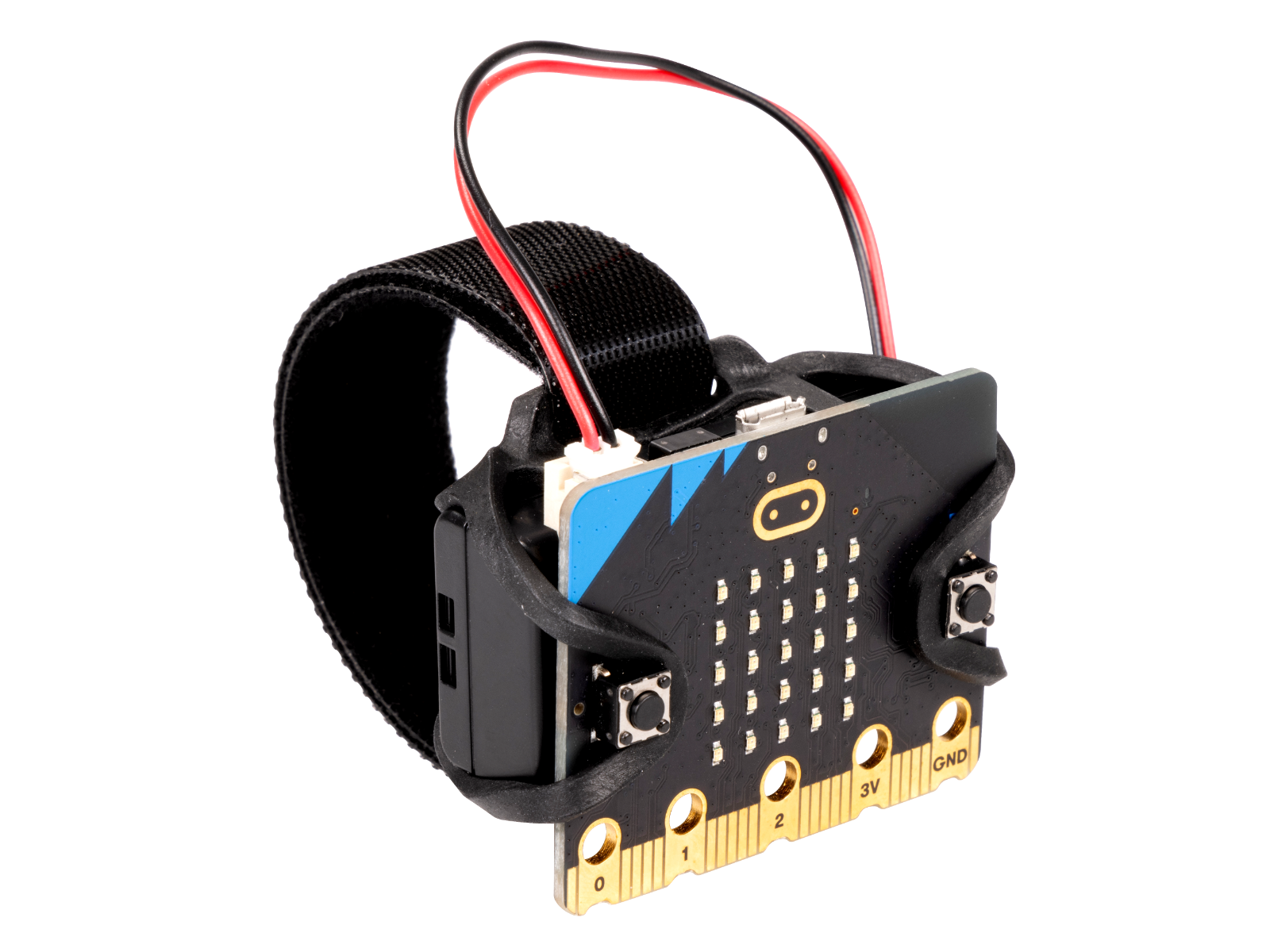 Assembled micro:bit wearable with the loops just around the buttons