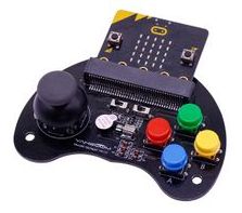 A black handheld board shaped like a game controller with a micro:bit slotted into the top. The board has a joystick and 4 coloured buttons.
