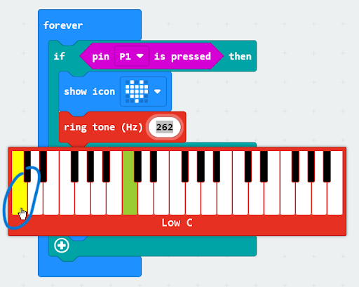 Code with the frequency field editor shown, displaying a text field and a piano user interface to select notes