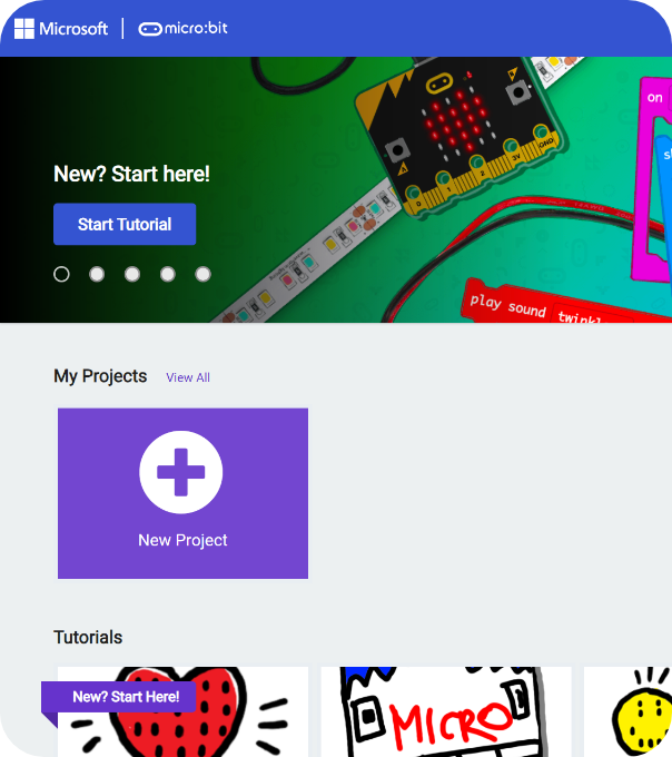 Captura de pantalla del botón Nuevos Proyectos en la pantalla de inicio de MakeCode
