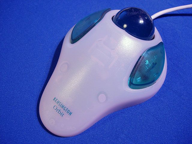 A mouse with a trackball on the top and two large buttons on the sides