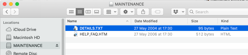 MacOS screenshot showing how a micro:bit in maintenance mode appears as a USB drive called MAINTENANCE