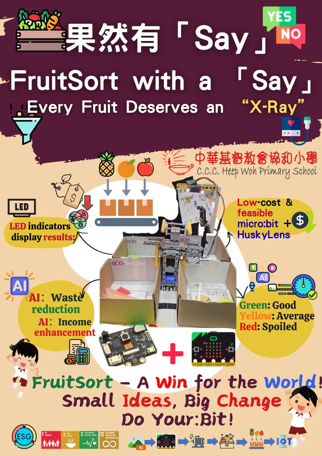 A student created infographic poster explaining what the FruitSort is and how it reduces inequalities.