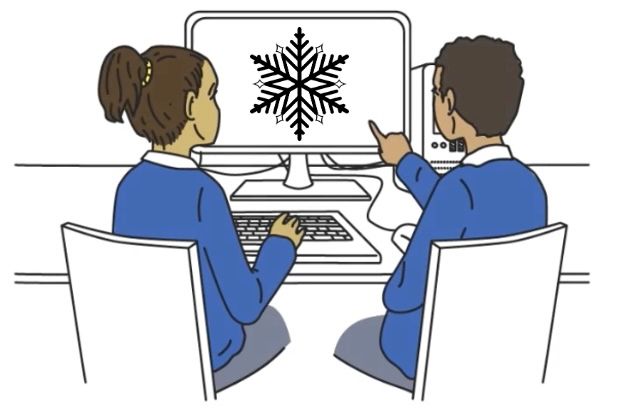 Illustration of two children sat at a computer, enjoying a festive code-along!