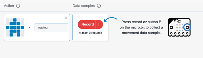 Screenshot of a named action and the record button with instructions, press to record a data sample or press button B on your data collection micro:bit.