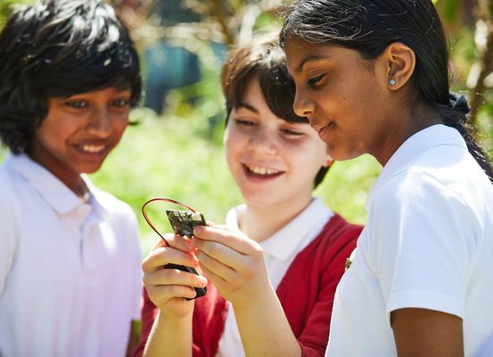 three primary or elementary age students look at a micro:bit connected to a battery pack while outdoors