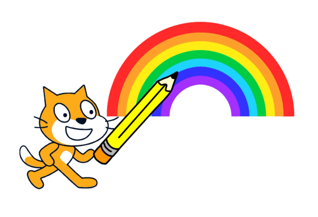 قطة Scratch تحمل قلم رصاص فوق قوس قزح