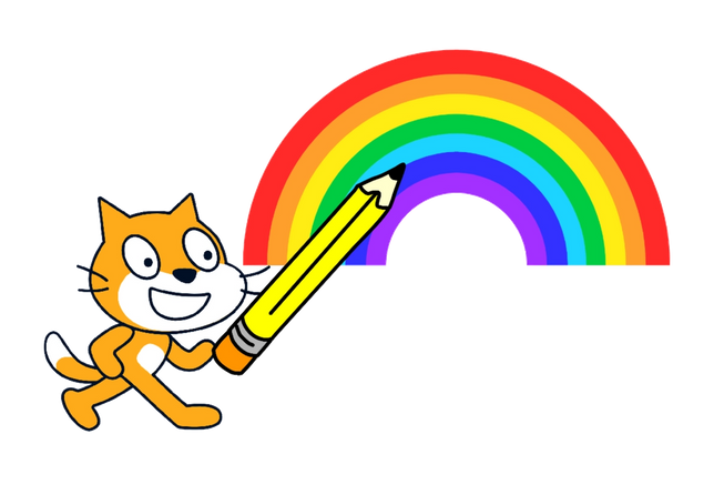 Scratch kat houdt een potlood boven een regenboog vast