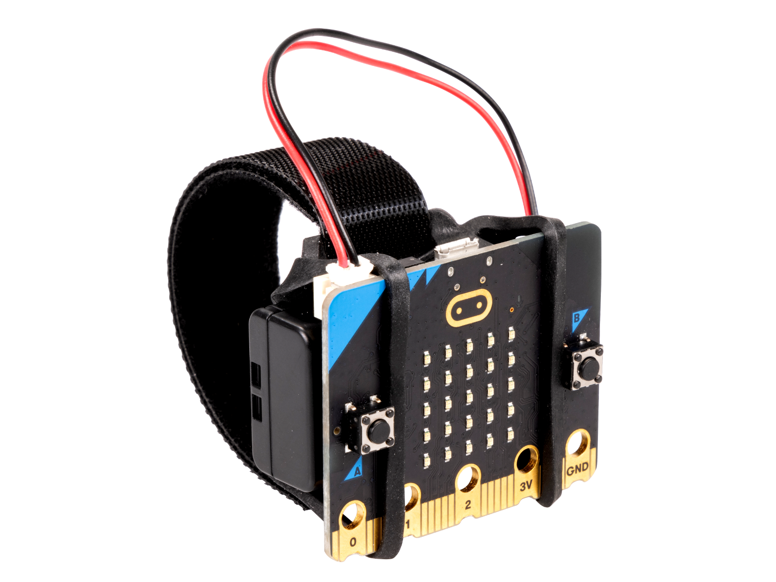 Image of the micro:bit wearable assembled with a micro:bit and battery pack