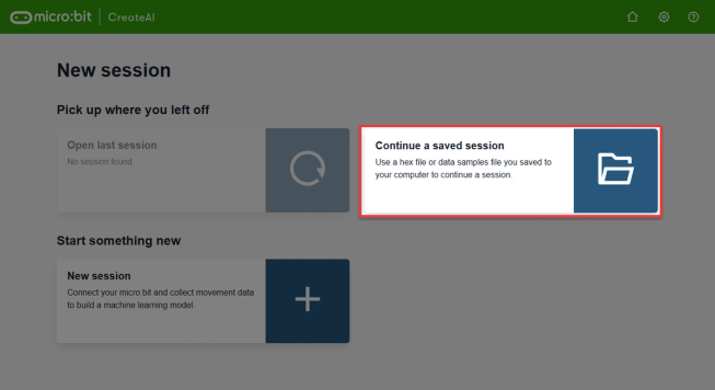 Screenshot of the CreateAI new session page with the 'Continue a saved session' button highlighted.