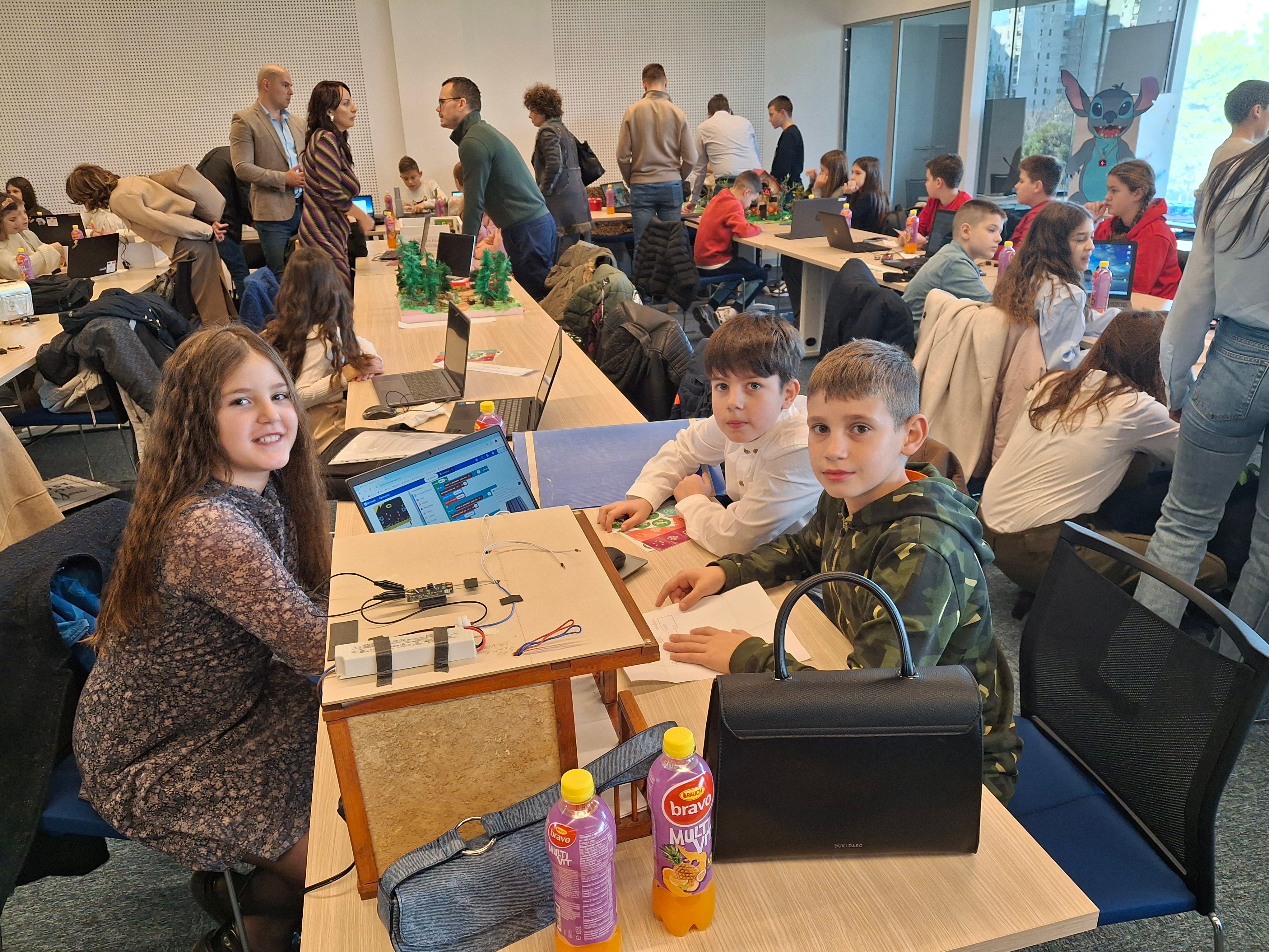 Students working on the welcome light project. 