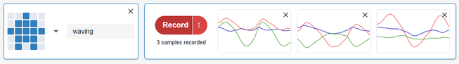 Screenshot of an action and three recorded data samples shown by graphs with x,y and z lines