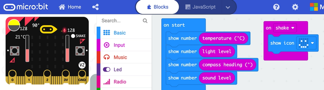 The MakeCode editor's micro:bit simulator in use