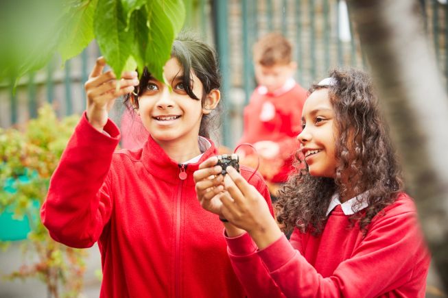 Two girls examine a leaf, while the girl on the right holds a micro:bit and is logging the plant type
