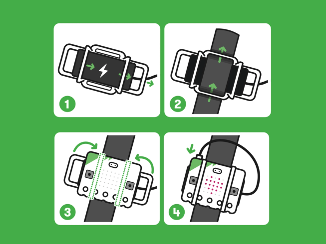 Depicting the 4 step process for assembly the micro:bit wearable (see video below for audio walkthrough)