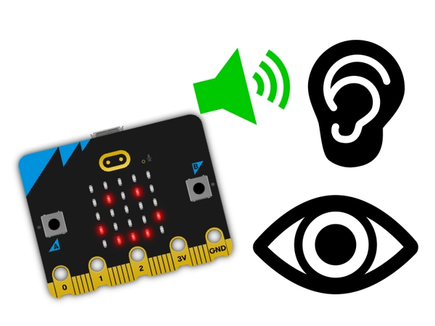 happy face on the micro:bit LED display surrounded by speaker, ear and eye icons representing sound and sight