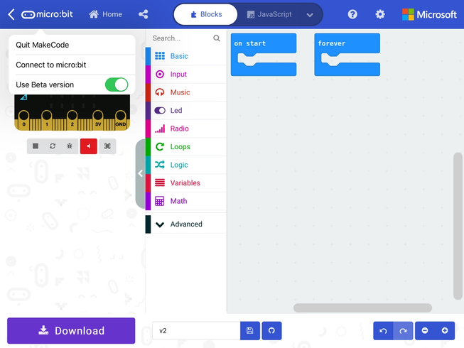 Selecting the MakeCode beta in the iOS app