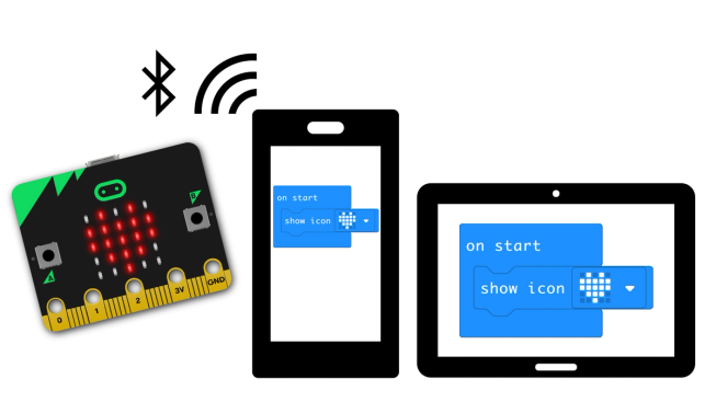 Um telefone celular e um tablet sendo exibidos ao lado do micro:bit