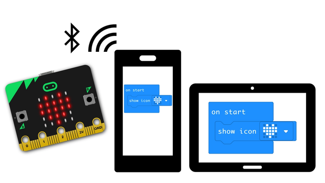 Tauleta i telèfon mòbil al costat de la micro:bit