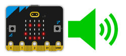 A micro:bit with a smiley face icon next to a symbol of a speaker.