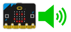 A micro:bit with a smiley face icon next to a symbol of a speaker.
