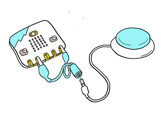 An illustration showing a 3.5mm to crocodile clip adaptor used to attach a switch to pin inputs