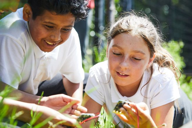 A boy and a girl are lying on grass outside both holding micro:bits and battery packs and looking at them