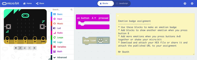 Screen shot of a MakeCode project with teacher's assignment added as a note