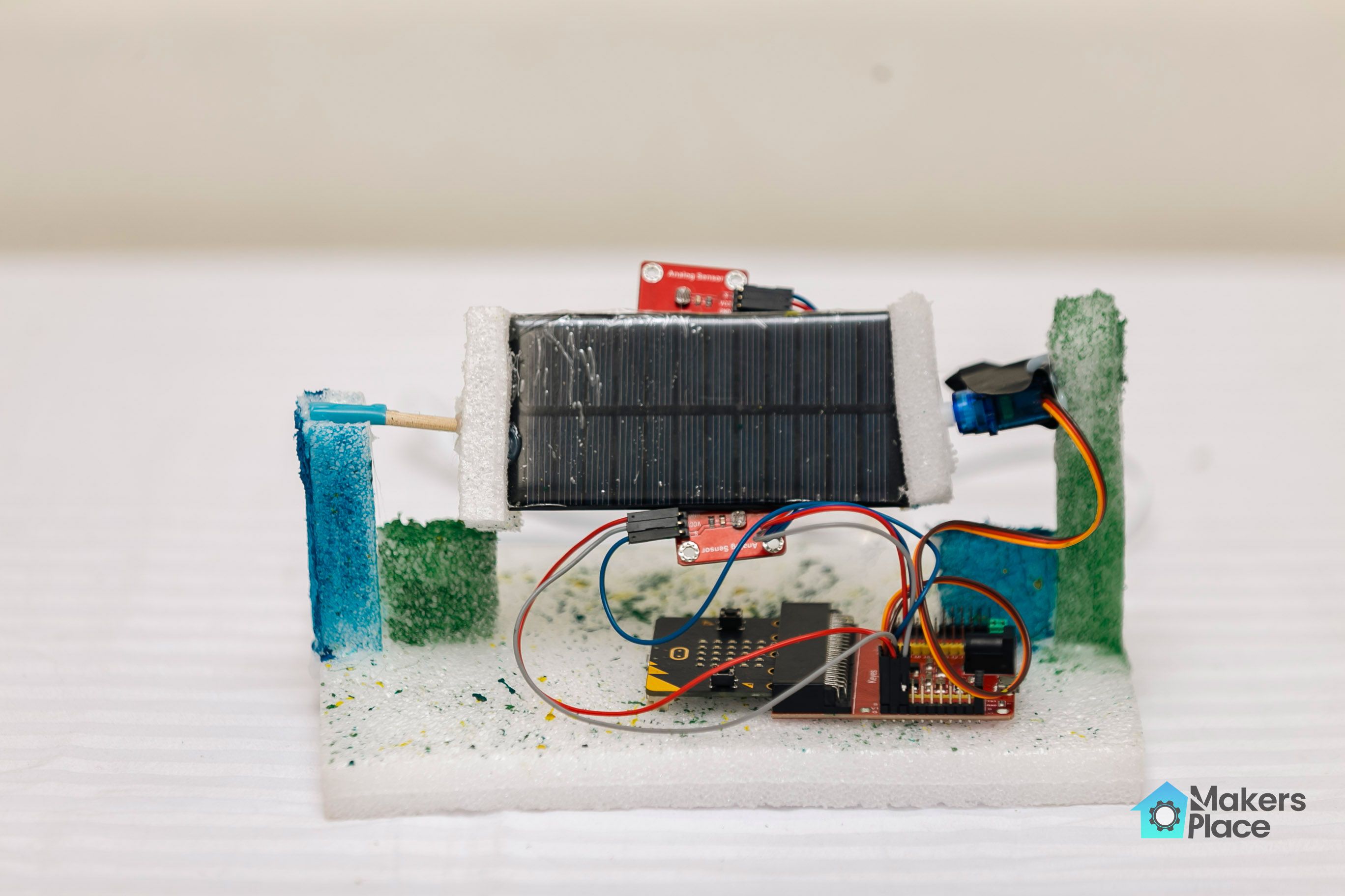 Close up photograph of micro:bit being used in the Smart Solar Tracking System project.