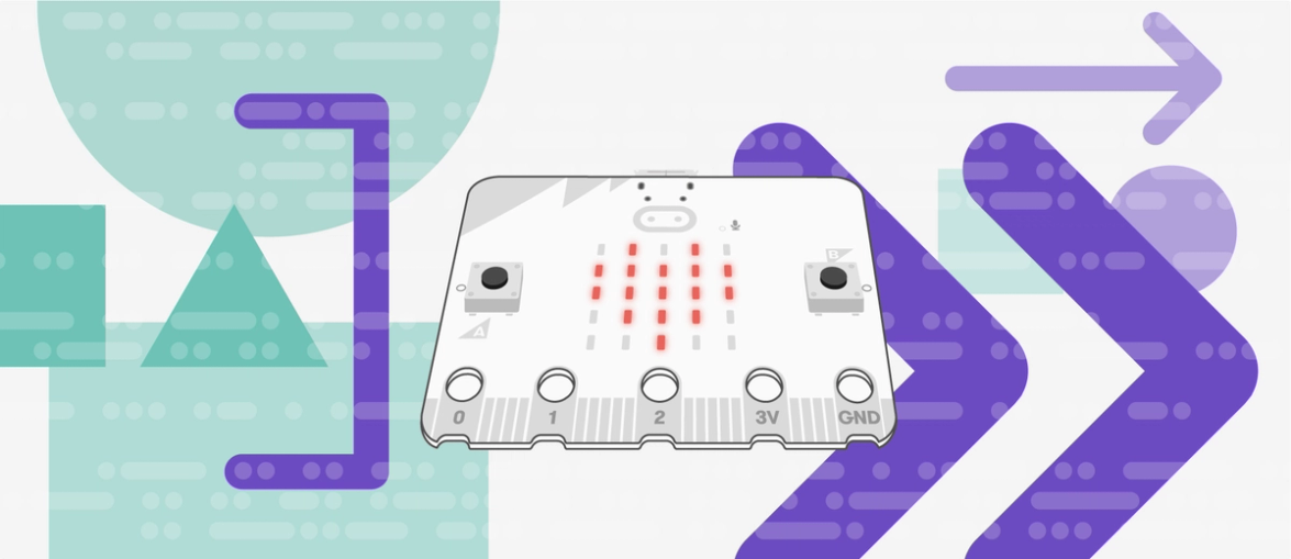 a black and white micro:bit on a background of geometric shapes