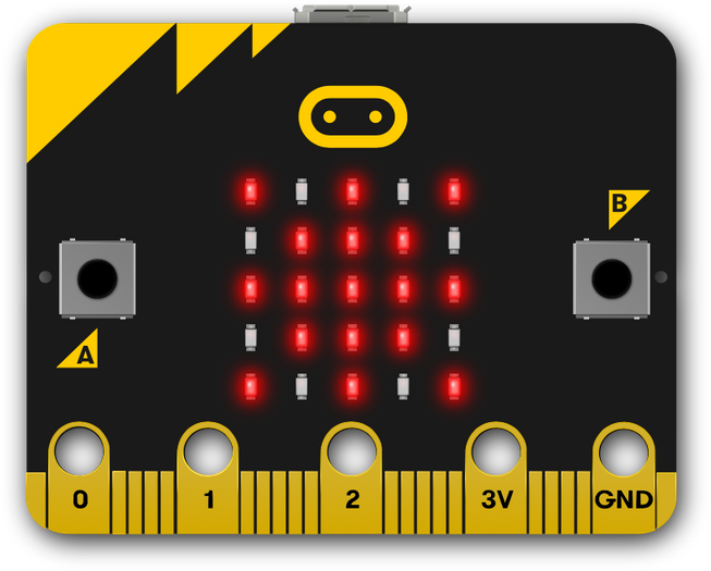 micro:bit showing sun-burst image on its LED display