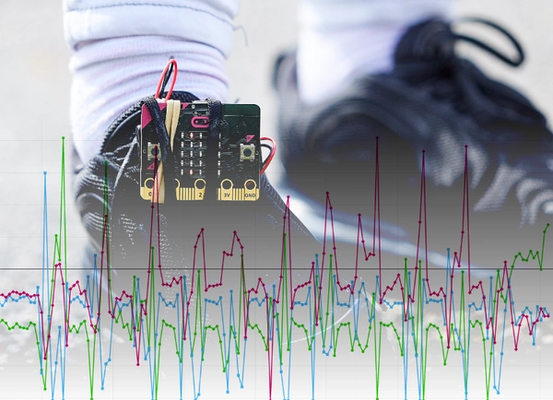 靴に取り付けられたmicro:bitの画像に、micro:bitで集めた時系列データのグラフが半透明に重ねて表示されています。