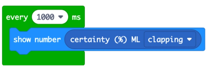 MakeCode block: every 1000ms: show number certainty (%) ML clapping