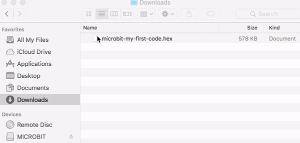 Animation showing how to drag a HEX file onto micro:bit using a Mac