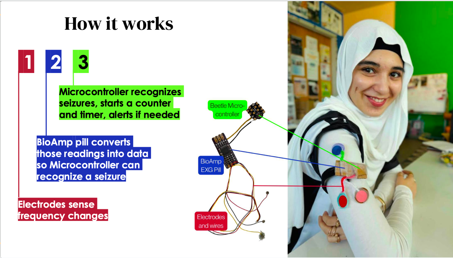 A student demonstrates the wearable BioBadge.