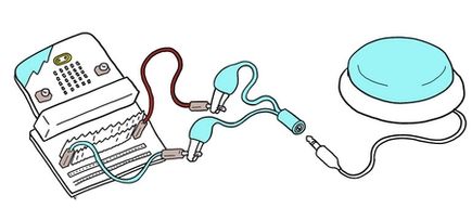 An illustration showing a circuit built with an edge connector, jumper wires and 3.5mm-to-crocodile clips to connect a switch to button A.