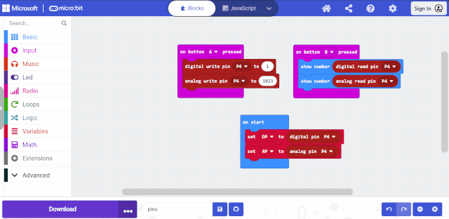 Gif from MakeCode showing the new pins